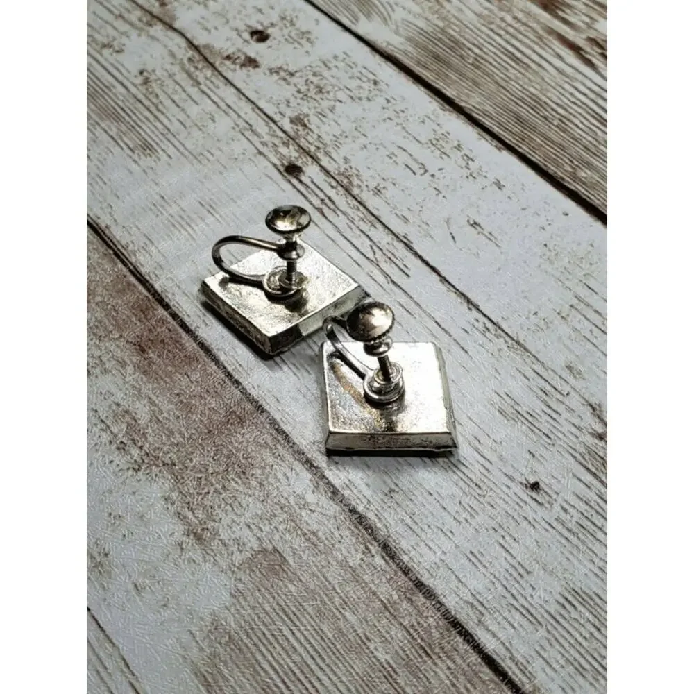 Vintage Screw On Earrings Silver Tone Diamond Shaped Dark Iridescent Stones